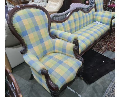 Victorian spoon back chair with mahogany frame, turned supports, white china castors, together with one similar and matched s