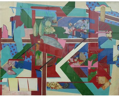 Michael Holland (1947-2002)Glimpses of fruit and building materials amid abstract shapes, mixed media laid down on canvas, 10