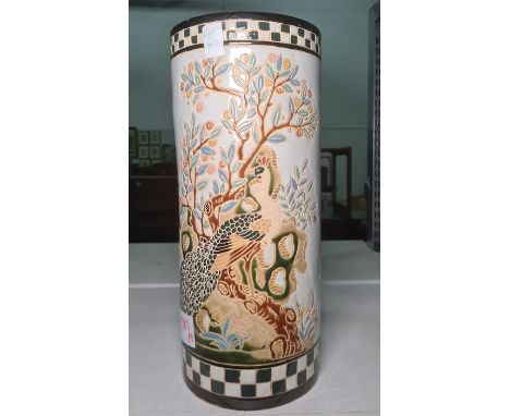 Ceramic umbrella stand, incized&nbsp;decoration of peacocks and floral decoration, 46m high approx.