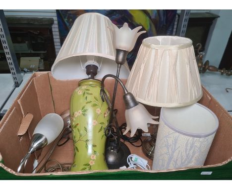 Green painted wooden table lamp decorated with apple blossom and three other table lamps (1 box)