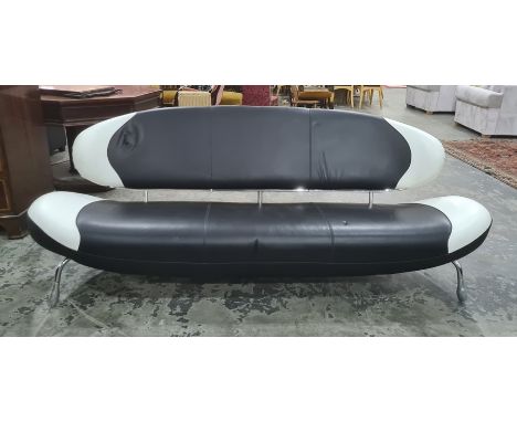 Italian Poltromec three seat sofa in white and black leather with chrome supports and matching Poltromec side table/pouffe (2