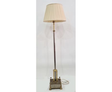20th century standard lamp in brass and steel circular column square base with cream pleated shade 