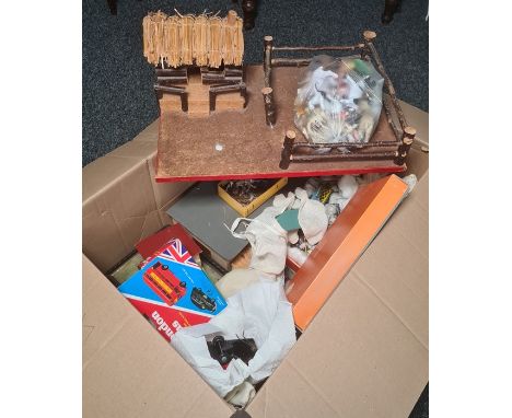 Box of assorted vintage toys to include metal figures and models of farm animals, dog sled team and school set, plastic farm 