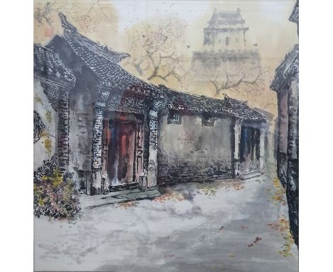 Three Chinese watercolours, one of two seated men playing a game of counters and two of ornate entrances, all with inscriptio