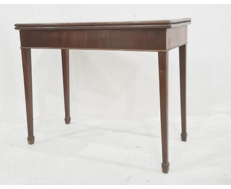 19th century mahogany card table, the rectangular top opening to reveal green baize, on square section tapering supports, 90.