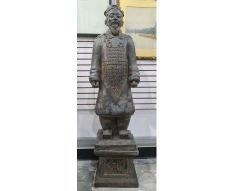 Large painted concrete replica of a warrior from the Terracotta Army on marble plinth, combined height approx. 215cm
