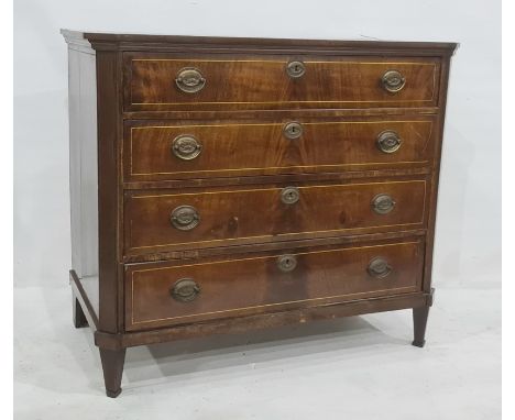 19th century commode, the rectangular top with canted corners, brass inlay, four long drawers, brass strung, on tapering squa