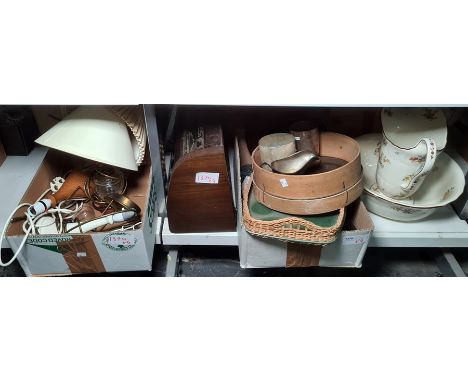 Ewer and basin, a vintage radio, assorted kitchen items and collectables and various table lamps (2 boxes +)