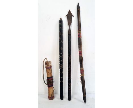 Spear with metal head and chip carved handle, an arrow and two other items&nbsp;