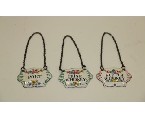 A set of 3 hand painted enamel Bottle Labels, for Scotch,  Irish Whiskey, and Port. (3)
