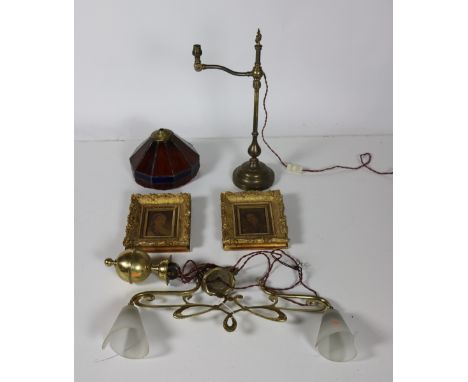 An Art Deco two branch brass Ceiling Light, with glass shades; together with a brass Table Lamp and stained glass shade; and 