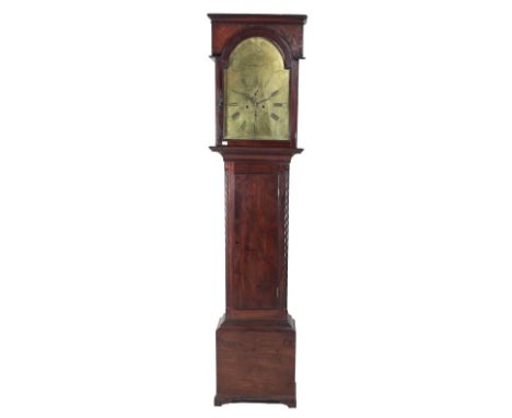 A Georgian period mahogany framed Grandfather clock, the dentil moulded cornice over an arched brass etched dial by Alex Kirk