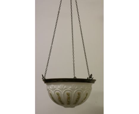 A 19th Century brass Dish Light, with decorative and painted milk glass shade, and another similar smaller ditto. (2)
