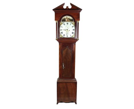 A 19th Century Irish Provincial mahogany framed and inlaid Grandfather Clock, the break neck pediment with brass finial over 