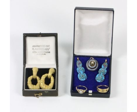 An Edwardian enamelled Pendant, with pearl inset, a 9ct gold Ring and another with pearl inset, a pair of Egyptian gold drop 