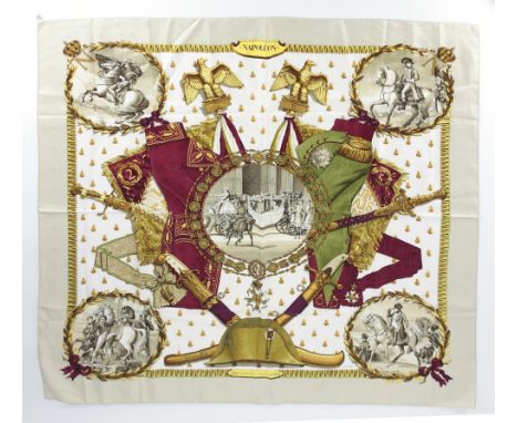 An attractive silk "Hermes" Napoleon Scarf, with bee border, and attractive scenes of Napoleon in each corner, in original or