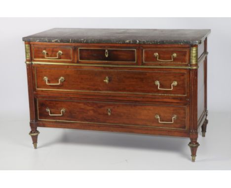 An attractive 19th Century mahogany Commode, with shaped speckled marble top over three short and two long drawers with  bras