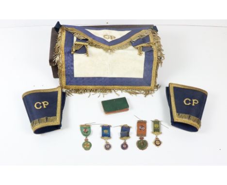 A leather monogrammed Masonic Case, with gilt lettering "J.J.E." (John Earley) housing various Masonic medals, badges and oth