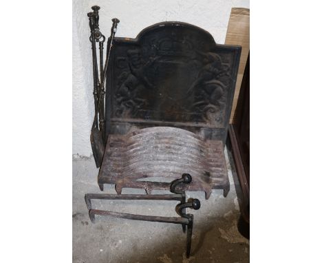 A Georgian period cast metal Fireback, with Royal Insignia, together with grate and Georgian steel Irons. (a lot)