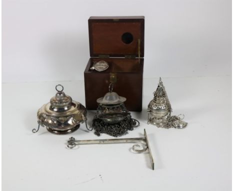 A 19th Century silver plated Hanging Sanctuary Lamp, decorated with vines and vine leaves, and surmounted with cherubs, with 