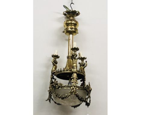 A Louis XVI style ormolu Ceiling Light, with cylindrical support, cherubs, draped garlands of flowers and an etched glass bow