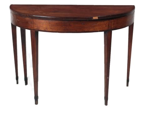 A 19th Century Irish mahogany crossbanded D-end fold-over Card Table, over string inlaid frieze on square tapering legs. (1)