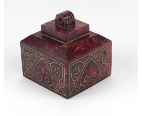 A good quality Chinese red marble and gilt inlaid square three stage Seal, set with semi-precious stones, the arched finial w