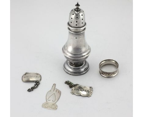 A 20th Century silver Sugar Shaker, by William Aiken, Birmingham, c. 1911; a bright cut silver Napkin Ring, Chester c. 1907; 