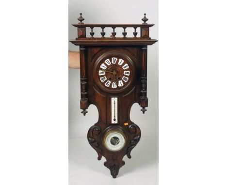 A Vienna Wall Wagger type Clock, Thermometer and Barometer on a shaped base and gallery top. (1)