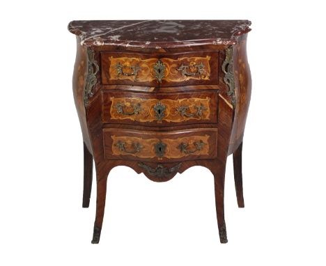 An attractive 19th Century French style bombé shaped and marquetry three drawer Commode, with Sienna marble top, decorative h