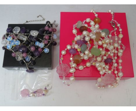 A BUTLER AND WILSON TWIN-ROW LONG LENGTH PEARL AND POLISHED AGATE BEAD NECKLACE &amp; EARRING SET, together with a Butler and