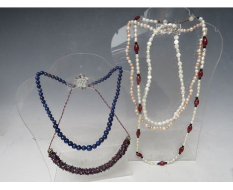 FIVE SILVER MOUNTED BEAD / PEARL TYPE NECKLACES