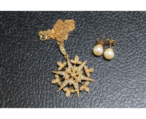 A VINTAGE SEED PEARL PENDANT, set in unmarked yellow metal on an unmarked yellow metal chain, approx combined weight 4g, W 3 