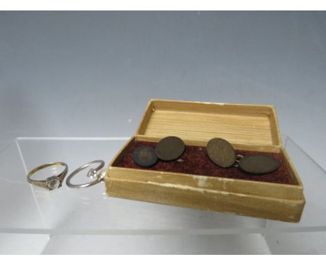 A VINTAGE GOLD ON SILVER CUFFLINKS IN A FITTED STAFFORD JEWELLERS BOX, along with a gold on silver ladies dress ring and a fu