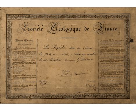 NO RESERVE Geology.- Société Géologique de France. Membership certificate for a Mr. Gilbertson, engraved, 365 x 261mm., ink m