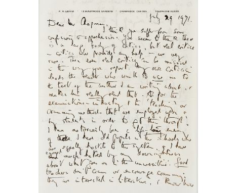 Joyce (James).- Leavis (Frank Raymond, literary critic and academic) Autograph Letter signed to Frank Raymond, 2pp. &amp; env
