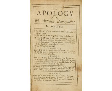 NO RESERVE Woman mystic &amp; adventurer.- [Garden (George, attributed to)] An apology for M. Antonia Bourignon: in four part