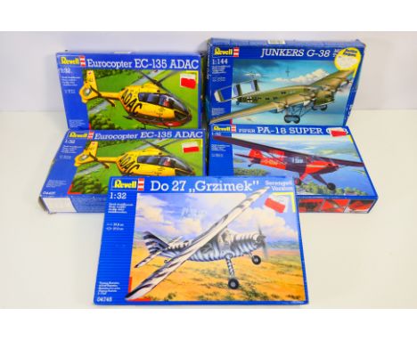 Revell -Five boxed Revell plastic model aircraft kits in various scales. Lot includes of Revell #04425 1:32 Eurocopter EC-135