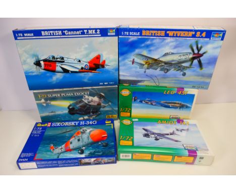 Trumpeter - SMER - Revell - Heller - Six boxed 1:72 scale plastic military aircarft model kits. Lot includes Trumpeter #01619