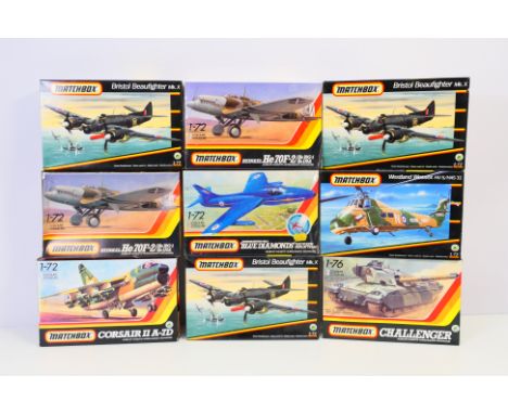 Matchbox - A group of nine boxed 1:72 scale plastic model kits from Matchbox. Lot includes #PK-132 Heinkel He70F-2; PK-117 Hu