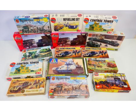 Airfix - Italeri - 14 boxed plastic military model kits in various scales. Lot includes Airfix #A03306 Bedford QLT & QLD Truc