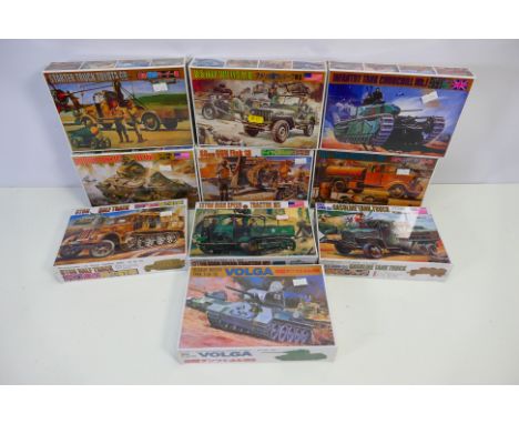 Science Treasury - Ten boxed 1:72 scale military vehicle plastic model kits. Lot includes #08 8Ton Half Truck, #14 Tractor M5