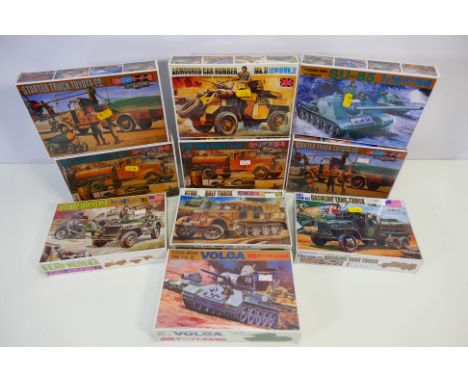 Science Treasury - Ten boxed 1:72 scale military vehicle plastic model kits. Lot includes 2 x #01 Isuzu TX-40, 2 x #10 Starte