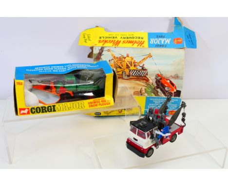 Corgi - Two Corgi Major vehicles: #1150 Mercedes-Benz Unimog 406 with snow plough, green body, orange plough with silver blad