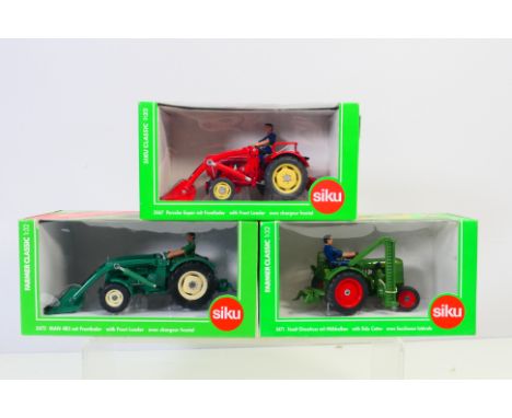 Siku - Three boxed Siku 1:32 scale diecast model tractors. Lot consists of Siku #3467 Porsche Super with front loader; #3471 