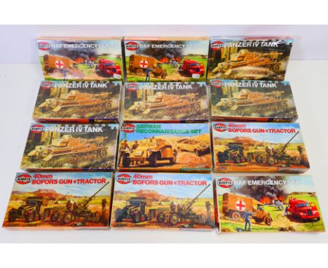 Airfix - 12 boxed Airfix HO/OO scale military plastic model kits. Lot includes #02308 Panzer IV Tank (x5); #02314 Bofors Gun 
