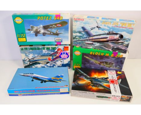 Fujimi - Dragon - SMER - Hasegawa - Six boxed 1:72 scale plastic military aircraft model kits. Lot includes SMER #0852 Bloch 