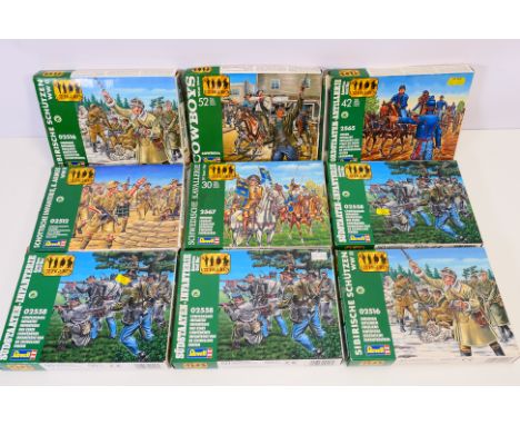 Revell - Nine boxed kits of 1:72 scale plastic figures, to include #2554 Cowboys, #2567 Swedish Cavalry, #02516 Siberian Rifl