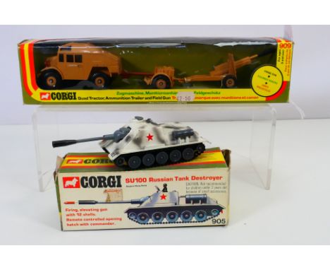 Corgi - A boxed et of vehicles, Quad Tractor, Ammunition Trailer and Field Gun # 909 and a boxed SU100 Russian Tank Destroyer