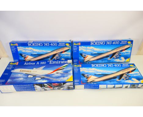 Revell - Four boxed 1:144 scale plastic commercial aircraft model kits. Lot consists of Revell #04204 Boeing 747-400 'British
